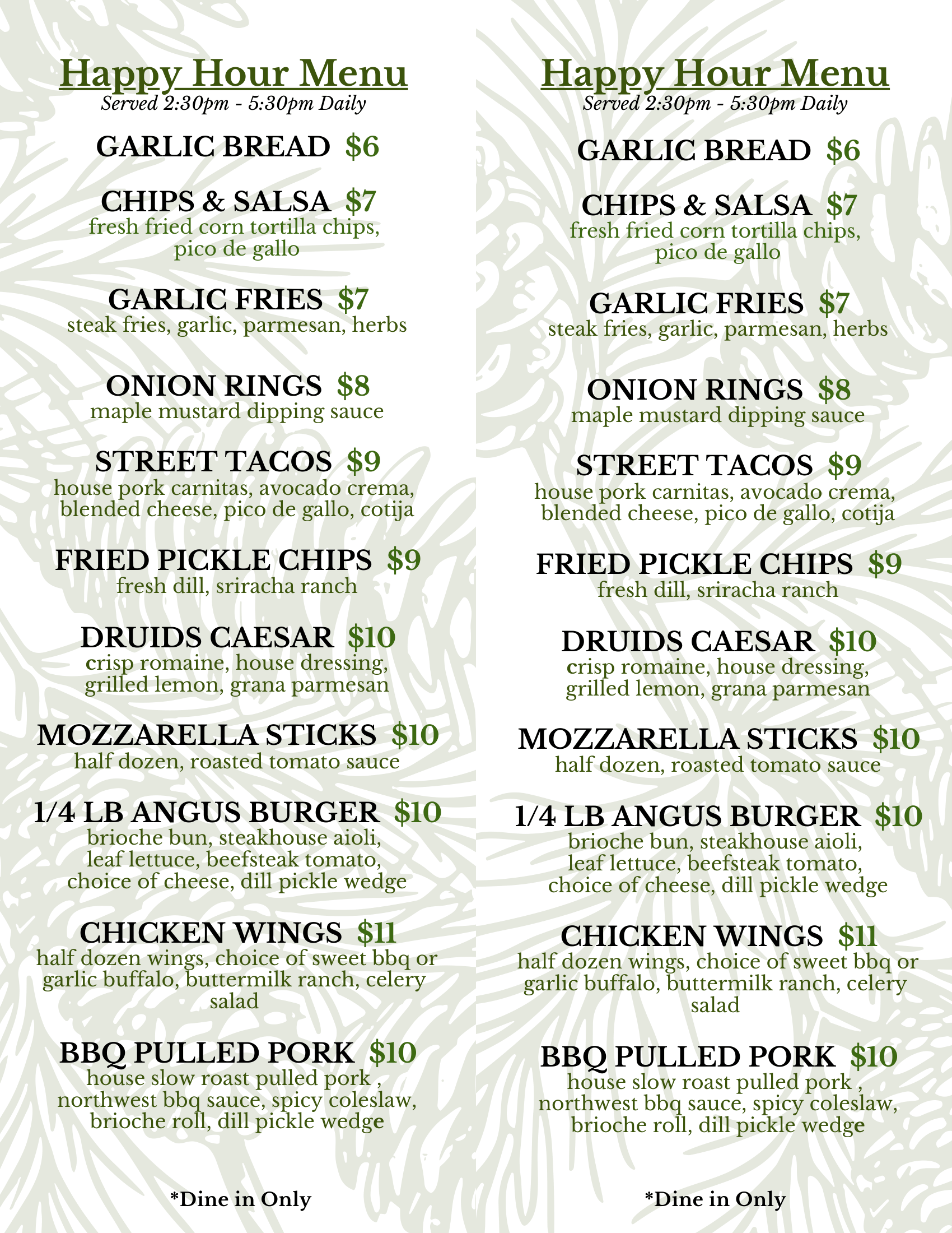 Grill in the Woods Menu