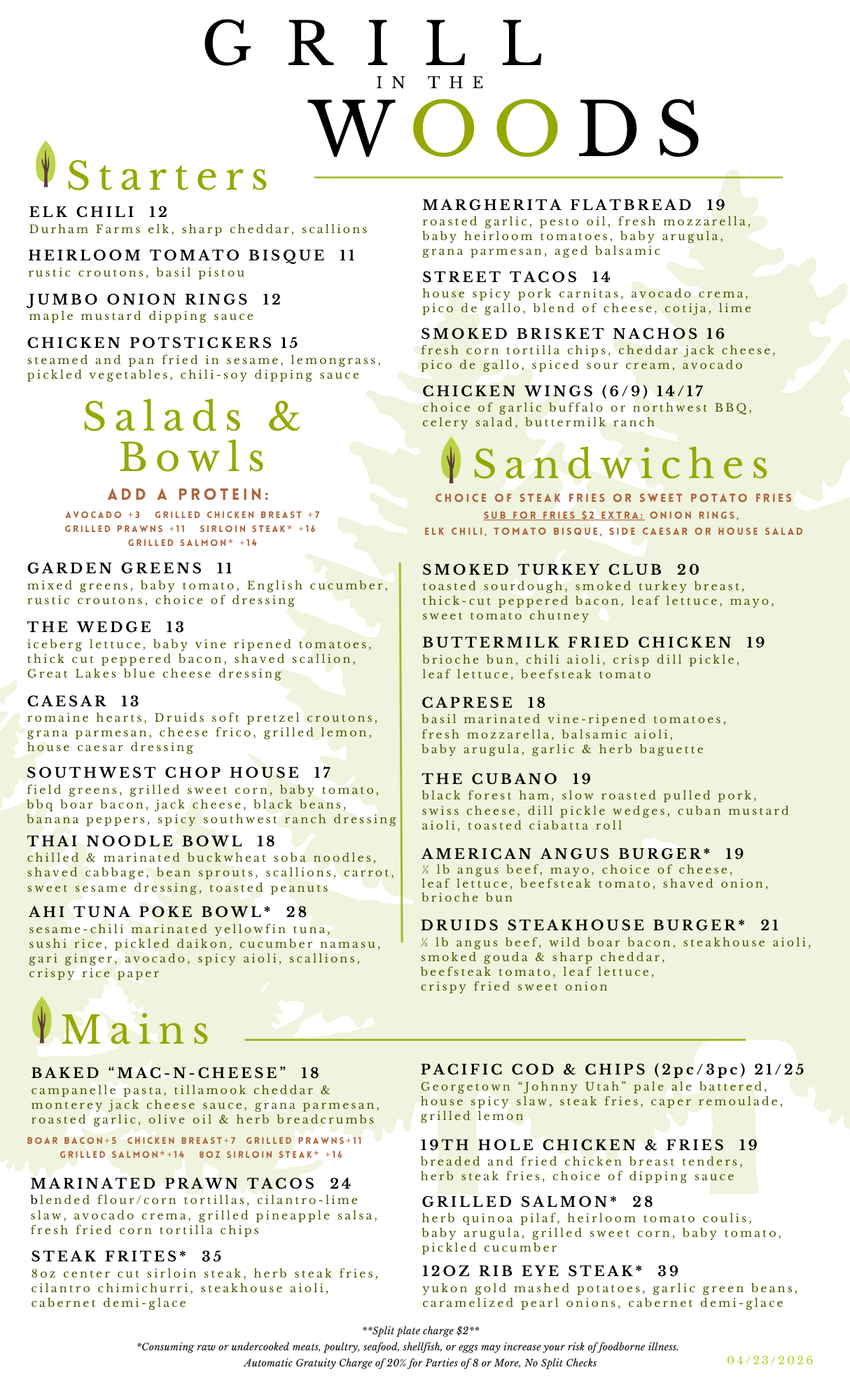 Grill in the Woods Menu